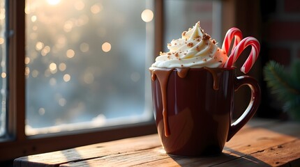 A mug of hot cocoa with whipped cream and candy canes, resting on a wooden table next to a window showing falling snow in Christmas