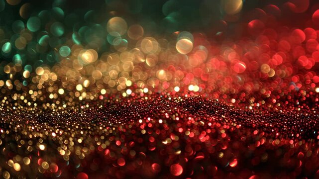 A red, green, and yellow background with a lot of glitter. The glitter is in different colors and sizes. Macro glitter bokeh christmas background red green gold cinematic