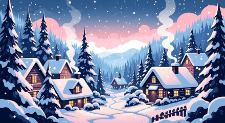 Charming winter village with cozy cabins nestled in a snowy mountain forest at twilight.