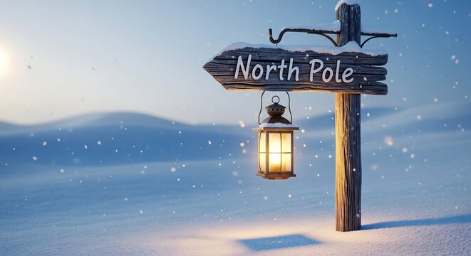 A rustic wooden sign with a glowing lantern points the way to the North Pole in a snowy, winter wonderland. - Powered by Adobe