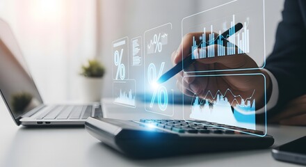 Business professional analyzing financial data with holographic charts and graphs on a desk