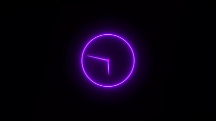 Glowing neon classic clock icon animation. Neon purple color watch, 24 hour fast rotted clock icon animated on black background. 4k video - Powered by Adobe