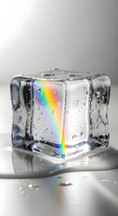 A close-up of a transparent ice cube with a rainbow reflection inside, set against a plain light gray background, highlighting the clarity and beauty of frozen water with colorful light effects