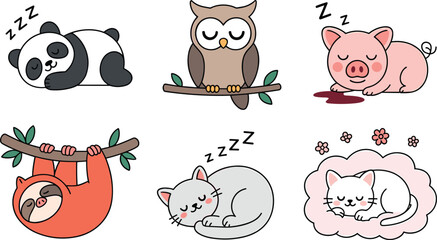 Obraz premium Cute sleeping animal illustration set featuring panda, owl, pig, sloth, and cats in adorable poses for children’s designs, cartoons, stickers, and nursery artwork.