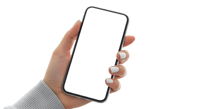 Close-up of a Hand Holding a Smartphone with a Blank Screen on a White Background