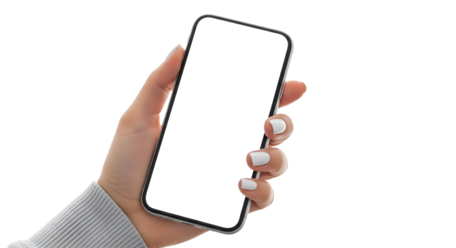 Close-up of a Hand Holding a Smartphone with a Blank Screen on a White Background