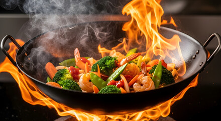 Delicious Stir Fry Cooking in a Wok with Flames.