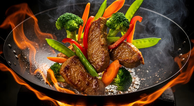 Dynamic stir fry cooking with beef and fresh vegetables in a fiery wok.