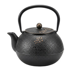 Cast Iron Teapot With Textured Black Surface and Bronze Accents Isolated on Transparent Background with Soft Studio Lighting