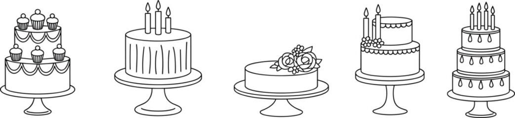 Decorated Celebration Cakes on Stands with Candles, Cupcakes, and Floral Icing for Baking Design, Party Dessert Art, and Vector Illustration