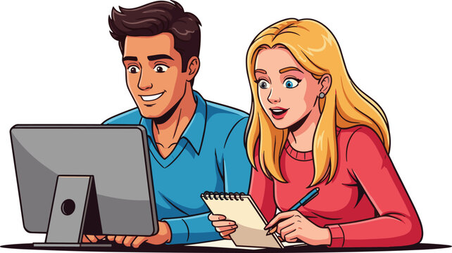 Two people working together at computer and notepad, collaborative learning, cartoon vector, educational teamwork, study partners, digital workspace scene