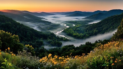 Sunrise over Foggy River Valley Landscape