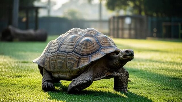Majestic African Spurred Tortoise Walking on Green Grass in Natural Habitat