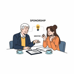 Fototapeta premium Two adults discuss at a table; a mentor guides a mentee under sponsorship, lightbulb idea. synergy