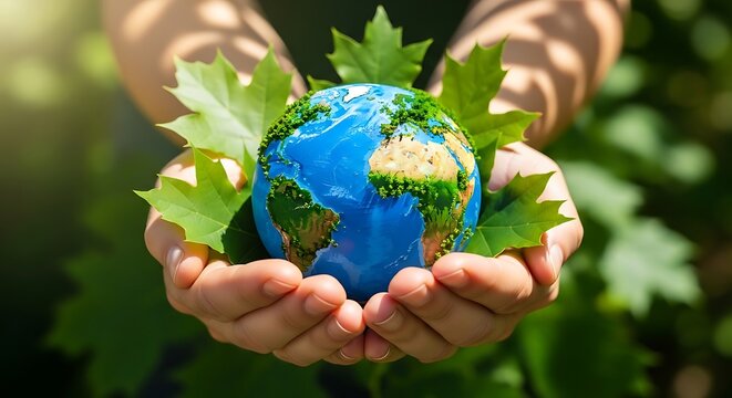 Hands cradling a miniature Earth globe adorned with green leaves, symbolizing environmental care.