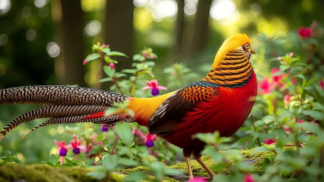Vibrant golden pheasant perched amidst colorful flowers in a lush garden