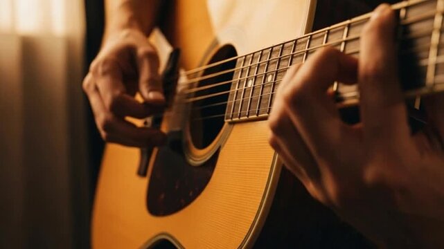 Close-up of a Musician Playing Acoustic Guitar