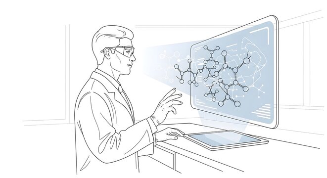 Scientist Analyzing Molecular Structures on Futuristic Digital Screen in Laboratory