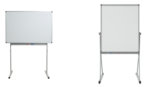 Adjustable Whiteboard on Tripod Stand with Aluminum Frame on Transparent Background