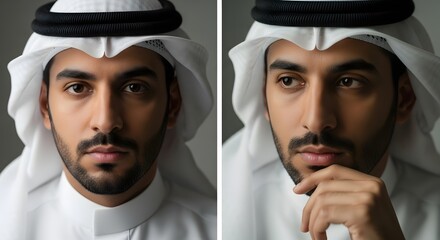 Close-up portrait of a young Middle Eastern man wearing traditional attire, including a white kandura and a black agal, with a thoughtful expression on his face