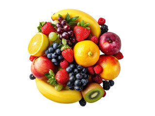 Colorful fruit assortment bananas, berries, grapes, oranges, kiwi, peach