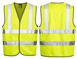 Front and back view of a high visibility yellow safety vest with reflective stripes. Isolated on transparent background