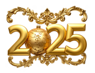 Golden 2025 New Year text with ornate Christmas ornaments. Isolated on transparent background.