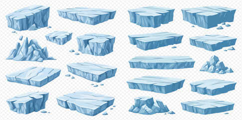 Set of various cartoon ice floes and icebergs, isolated vector illustration of frozen blocks and shards.