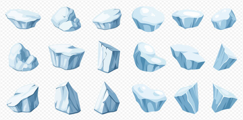 Set of various cartoon ice chunks, icebergs, and ice floes in different shapes and sizes, isolated on a transparent background, depicting frozen elements.