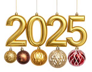 Golden 2025 New Year text with ornate Christmas ornaments. Isolated on transparent background.