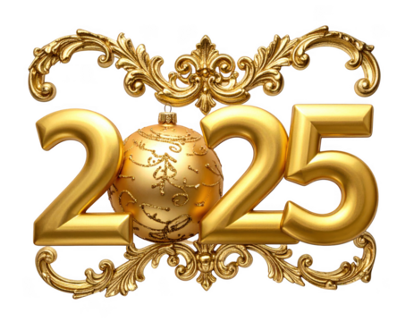 Golden 2025 New Year text with ornate Christmas ornaments. Isolated on transparent background.