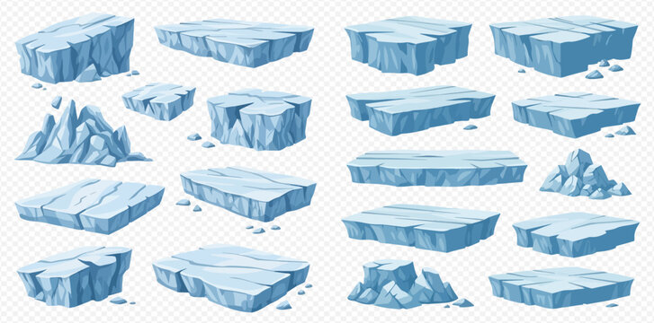 Set of various cartoon ice floes and icebergs, isolated vector illustration of frozen blocks and shards.