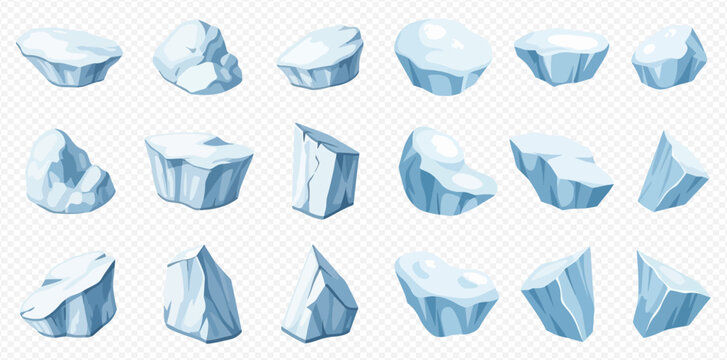 Set of various cartoon ice chunks, icebergs, and ice floes in different shapes and sizes, isolated on a transparent background, depicting frozen elements.