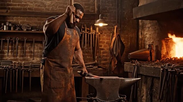 A blacksmith forges metal, focused under a lamp in a brick workshop, with a furnace glowing in the background