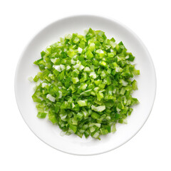Chopped green scallions in a white bowl, isolated on black background