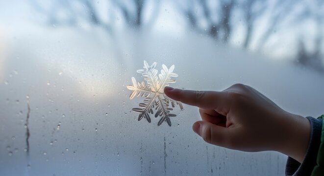 Child hand touches snowflake on frosted winter window. - Powered by Adobe