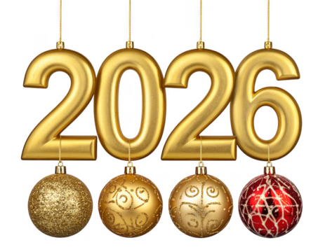 Golden 2026 New Year text with ornate Christmas ornaments. Isolated on transparent background