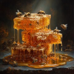 Bees on honeycomb with honey, golden caramel texture, close-up, natural honey, apitherapy and beekeeping