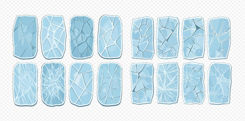 Cartoon set of cracked and broken ice blocks with various textures, including solid, fractured, and shattered pieces.