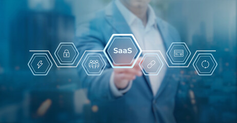 SaaS Software as a Service — Businessman Using Digital Interface for Cloud Technology, Subscription Platforms, Enterprise Software and Modern Digital Business Solutions