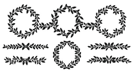 Collection of black silhouette floral wreaths oval frames and decorative borders with leaves and branches