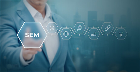 SEM Search Engine Marketing — Businessman Using Digital Interface for PPC Advertising, Online Campaigns, Paid Search, Website Traffic Growth and Digital Marketing Strategy
