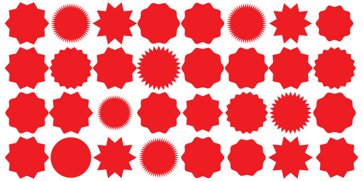 Set of red starburst. Sale sticker, price tag, starburst icon, quality mark, retro stars, circle sticker, red badges. Starburst red shape tags for price tags