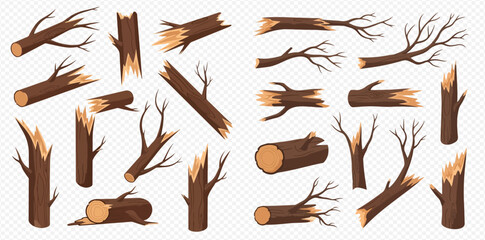 Collection of various broken tree branches and logs with splintered wood textures, isolated on a transparent background.