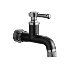 Sleek black faucet, silver accents, curved spout, isolated on black