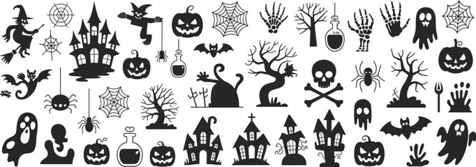 Halloween silhouette vector set featuring spooky icons like witches, haunted houses, bats, ghosts, skeletons, pumpkins, and eerie trees for festive design projects