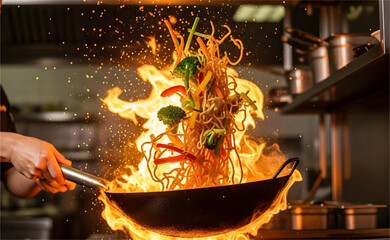 Fiery Wok Cooking: Stir-Fry in Action with Flames.