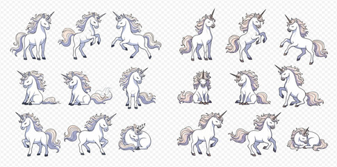 Collection of cute cartoon unicorns in various poses, including standing, sitting, rearing, and sleeping, on a transparent background.