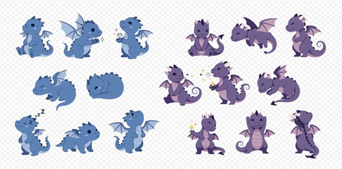 Cute blue baby dragons in various poses, including sitting, flying, sleeping, and playing.