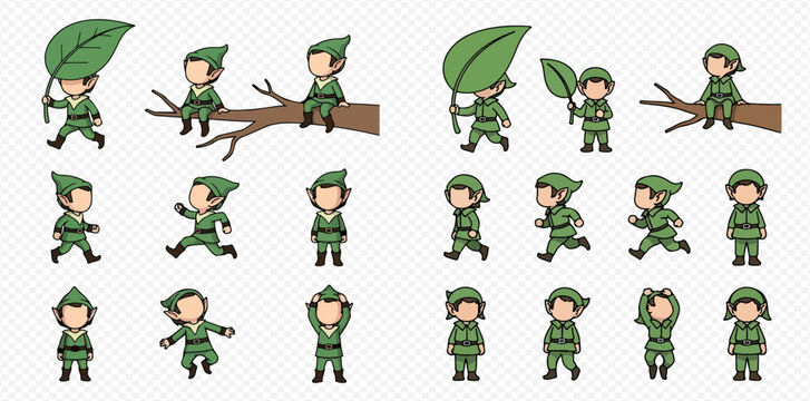 Cartoon elf characters in various poses, including walking, running, sitting on a branch, and holding leaves, suitable for game sprites or illustrations.